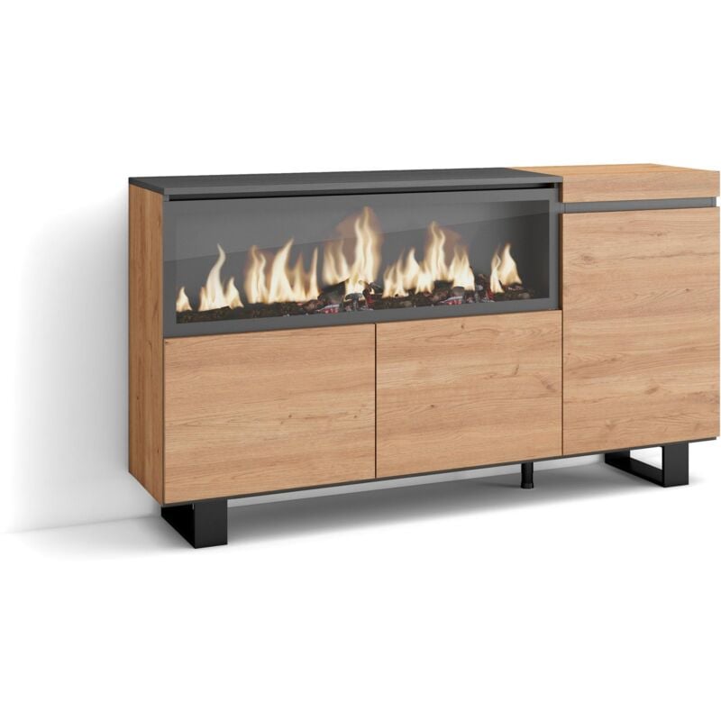 Buffet salon et cuisine, Meuble de Rangement, Commode, 160, 3 Portes, Cheminée électrique xxl, Design industriel, Style moderne, Chêne - Skraut Home