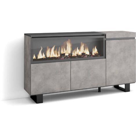 Skraut Home - Buffet salon et cuisine, Meuble de Rangement, Commode, 160, 3 Portes, Cheminée électrique XXL, Design industriel, Style moderne, Gris Ciment