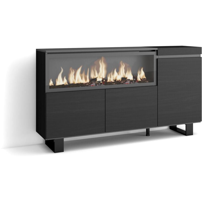 Buffet salon et cuisine, Meuble de Rangement, Commode, 160, 3 Portes, Cheminée électrique xxl, Design industriel, Style moderne, Noir - Skraut Home