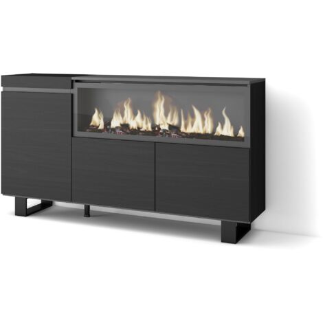Skraut Home - Buffet salon et cuisine, Meuble de Rangement, Commode, 160, 3 Portes, Cheminée électrique XXL, Design industriel, Style moderne, Noir