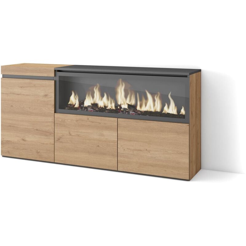 Skraut Home - Buffet salon et cuisine, Meuble de Rangement, Commode, 160, 3 Portes, Cheminée électrique xxl, Style moderne, Chêne