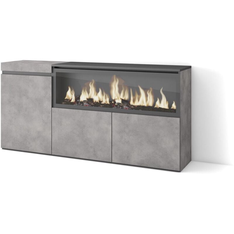 Buffet salon et cuisine, Meuble de Rangement, Commode, 160, 3 Portes, Cheminée électrique xxl, Style moderne, Gris Ciment - Skraut Home