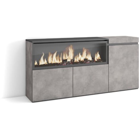 Skraut Home - Buffet salon et cuisine, Meuble de Rangement, Commode, 160, 3 Portes, Cheminée électrique XXL, Style moderne, Gris Ciment