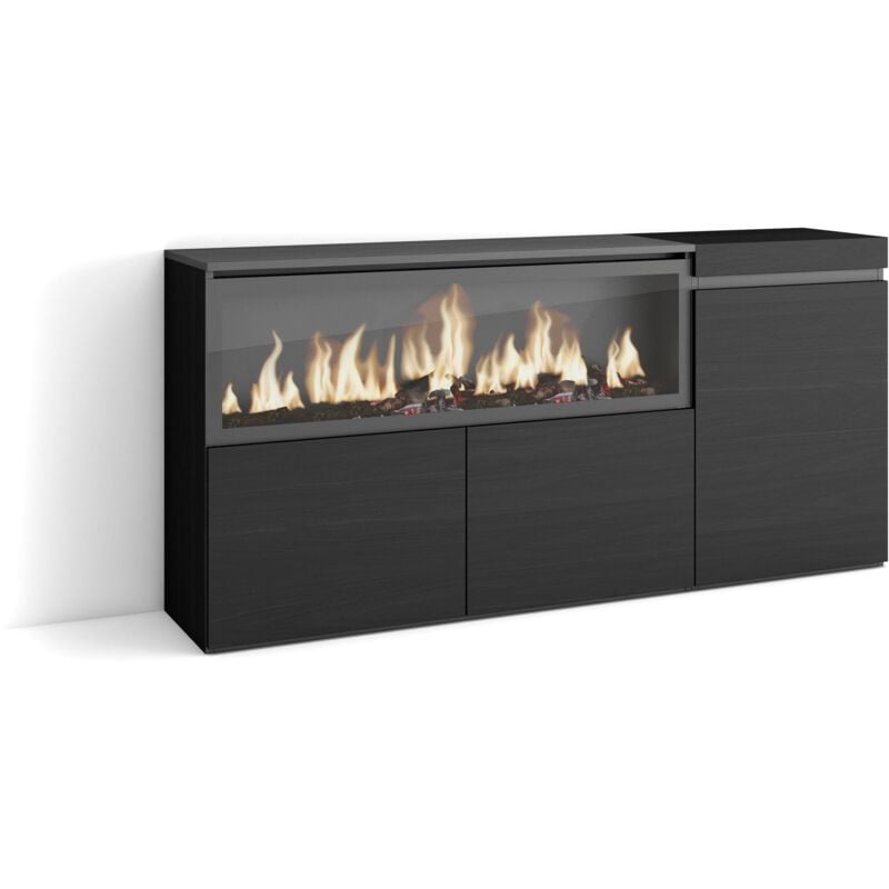 Skraut Home - Buffet salon et cuisine, Meuble de Rangement, Commode, 160, 3 Portes, Cheminée électrique xxl, Style moderne, Noir