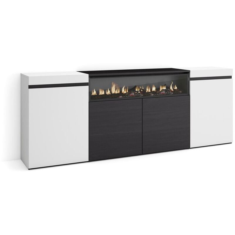Buffet salon et cuisine, Meuble de Rangement, Commode, 200x75x35cm, 4 Portes, Cheminée électrique, Style moderne, Blanc et noir - Skraut Home