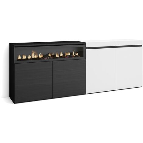 Skraut Home - Buffet salon et cuisine, Meuble de Rangement, Commode, 200x75x35cm, 4 Portes, Cheminée électrique, Style moderne, Blanc et noir
