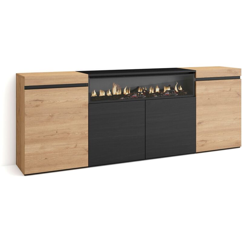 Buffet salon et cuisine, Meuble de Rangement, Commode, 200x75x35cm, 4 Portes, Cheminée électrique, Style moderne, Chêne et noir - Skraut Home