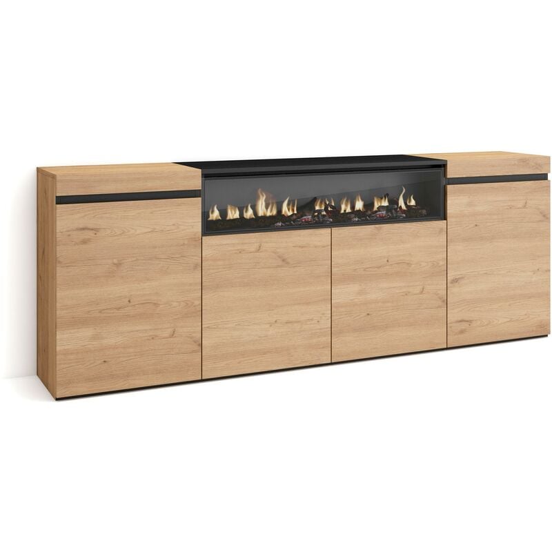 Buffet salon et cuisine, Meuble de Rangement, Commode, 200x75x35cm, 4 Portes, Cheminée électrique, Style moderne, Chêne et noir - Skraut Home