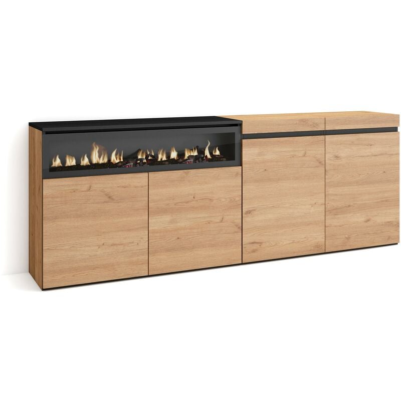 Buffet salon et cuisine, Meuble de Rangement, Commode, 200x75x35cm, 4 Portes, Cheminée électrique, Style moderne, Chêne et noir - Skraut Home