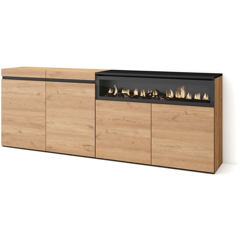 Buffet salon et cuisine, Meuble de Rangement, Commode, 200x75x35cm, 4 Portes, Cheminée électrique, Style moderne, Chêne et noir - Skraut Home