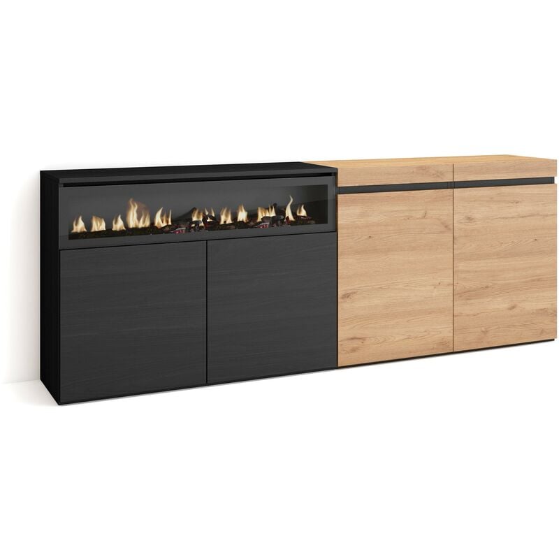 Buffet salon et cuisine, Meuble de Rangement, Commode, 200x75x35cm, 4 Portes, Cheminée électrique, Style moderne, Chêne et noir - Skraut Home