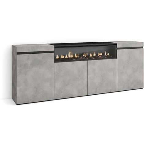 SKRAUT HOME Buffet salon et cuisine Meuble de Rangement, Commode 200x75x35cm 4 Portes Cheminée électrique Style moderne Ciment - Ciment