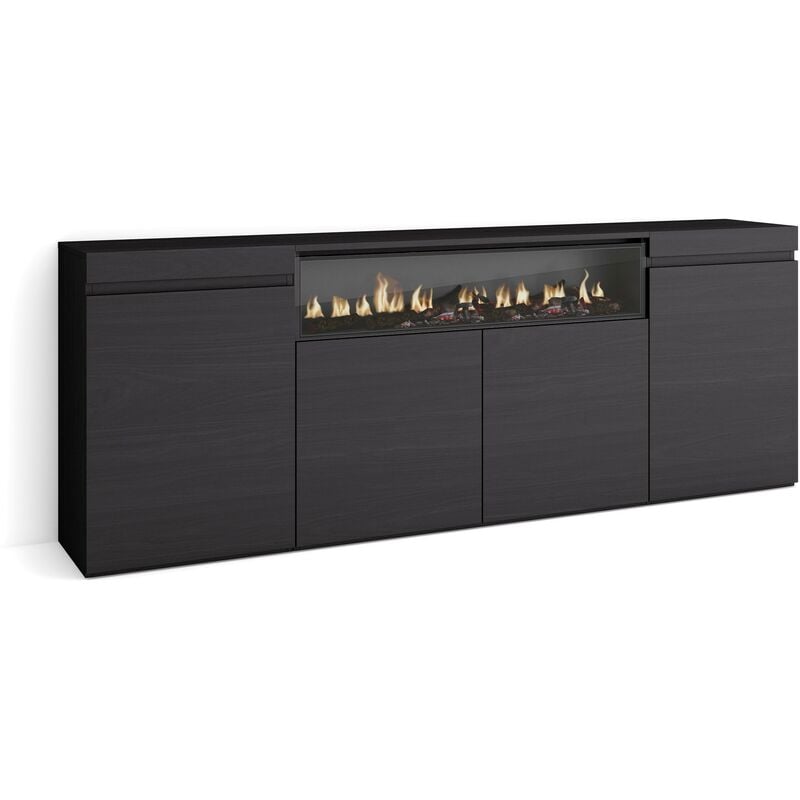 Buffet salon et cuisine, Meuble de Rangement, Commode, 200x75x35cm, 4 Portes, Cheminée électrique, Style moderne, Noir - Skraut Home