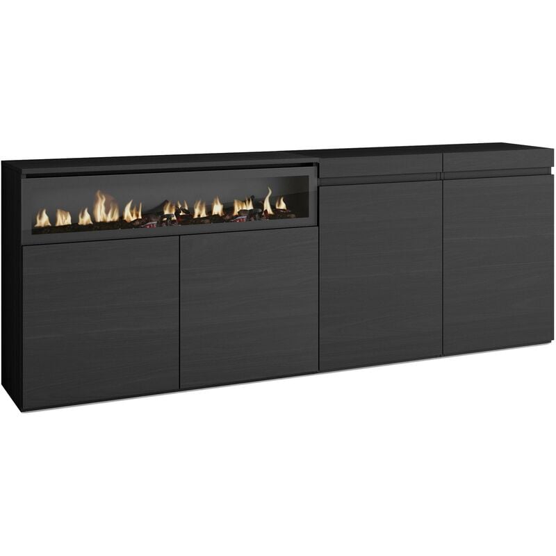 Buffet salon et cuisine, Meuble de Rangement, Commode, 200x75x35cm, 4 Portes, Cheminée électrique, Style moderne, Noir - Skraut Home