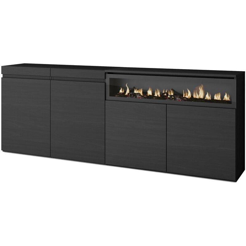 Buffet salon et cuisine, Meuble de Rangement, Commode, 200x75x35cm, 4 Portes, Cheminée électrique, Style moderne, Noir - Skraut Home