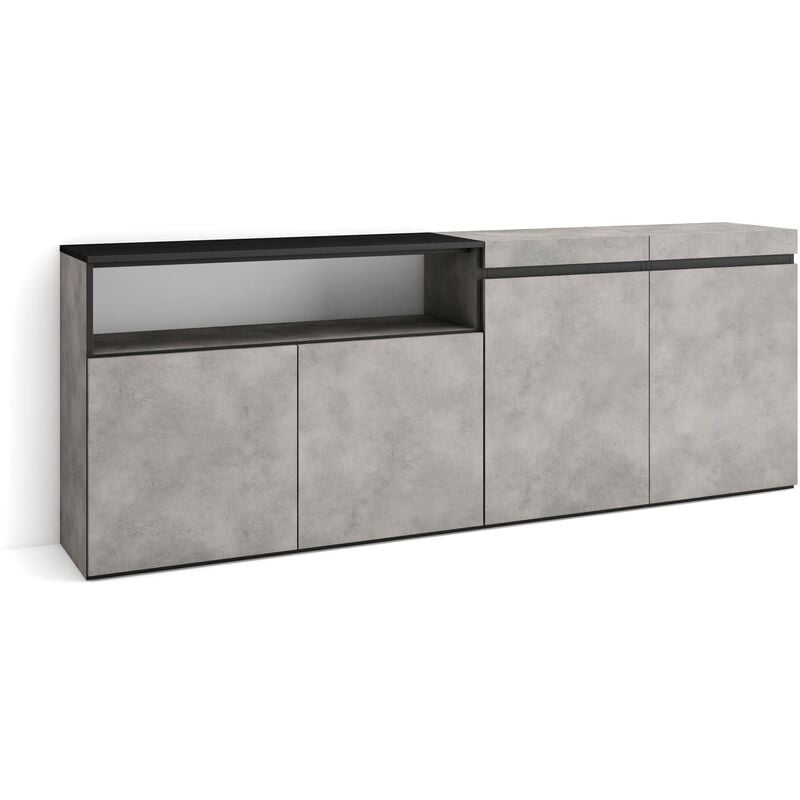 Buffet salon et cuisine, Meuble de Rangement, Commode, 200x75x35cm, 4 Portes, Meuble chaussure, Style moderne, Gris Ciment - Skraut Home