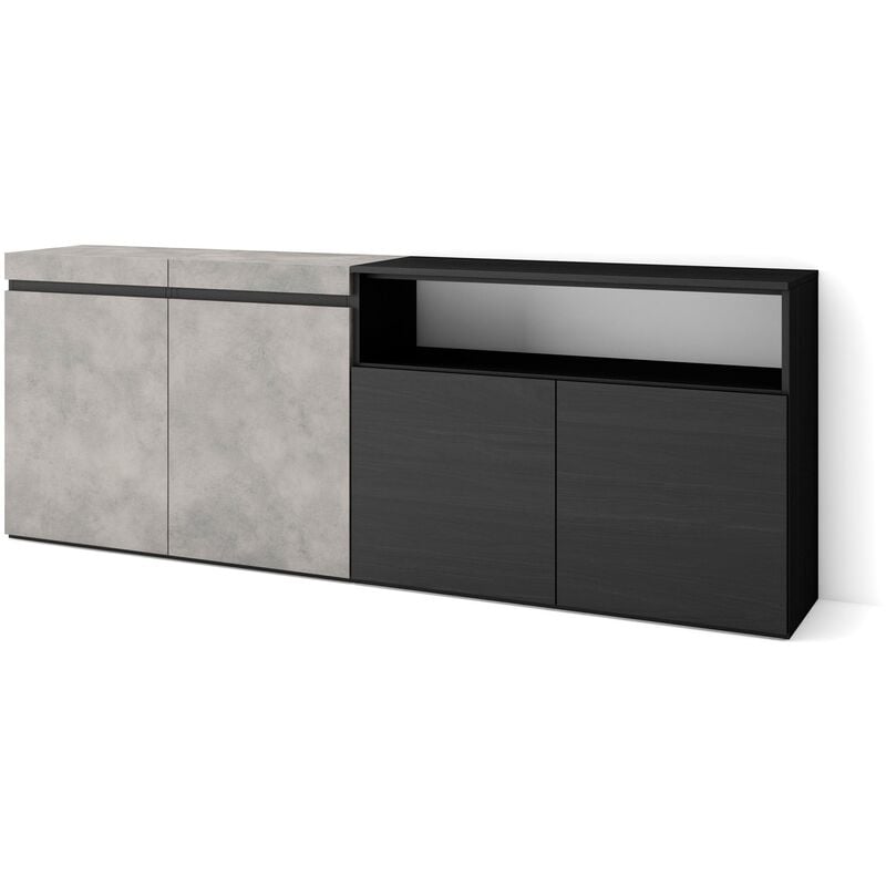 Buffet salon et cuisine, Meuble de Rangement, Commode, 200x75x35cm, 4 Portes, Meuble chaussure, Style moderne, Gris Ciment - Skraut Home