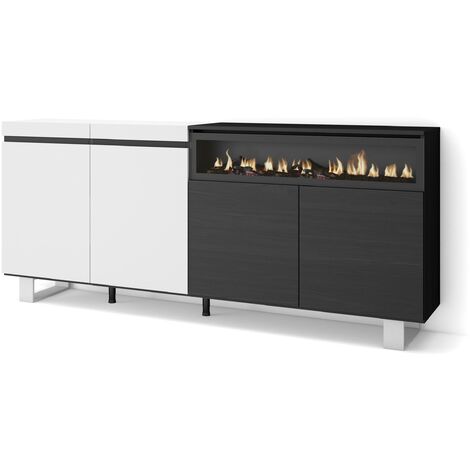 Skraut Home - Buffet salon et cuisine, Meuble de Rangement, Commode, 200x87x35cm, 4 Portes, Cheminée électrique, Design industriel, Style moderne, Blanc et noir