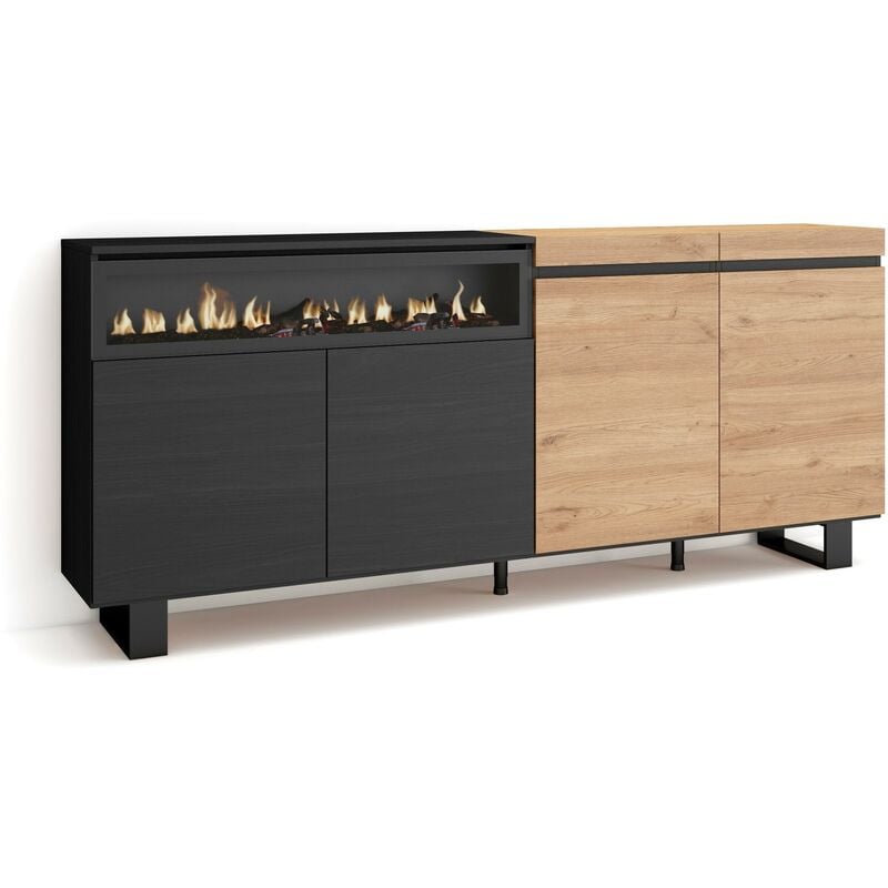 Skraut Home - Buffet salon et cuisine, Meuble de Rangement, Commode, 200x87x35cm, 4 Portes, Cheminée électrique, Design industriel, Style moderne,