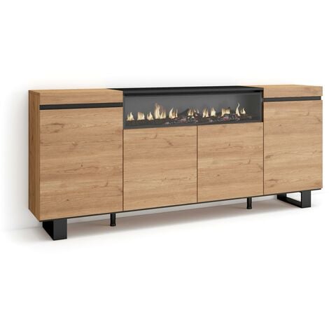 Skraut Home - Buffet salon et cuisine, Meuble de Rangement, Commode, 200x87x35cm, 4 Portes, Cheminée électrique, Design industriel, Style moderne, Chêne et noir