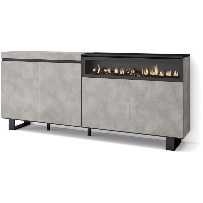 Skraut Home - Buffet salon et cuisine, Meuble de Rangement, Commode, 200x87x35cm, 4 Portes, Cheminée électrique, Design industriel, Style moderne,
