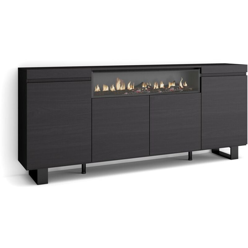 Skraut Home - Buffet salon et cuisine, Meuble de Rangement, Commode, 200x87x35cm, 4 Portes, Cheminée électrique, Design industriel, Style moderne,