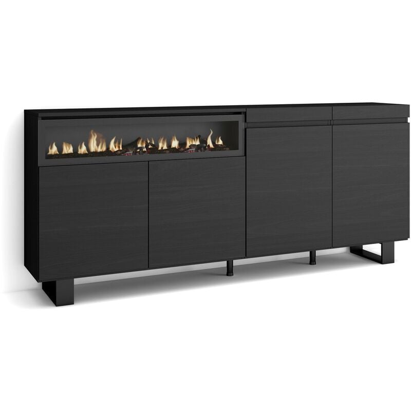 Skraut Home - Buffet salon et cuisine, Meuble de Rangement, Commode, 200x87x35cm, 4 Portes, Cheminée électrique, Design industriel, Style moderne,
