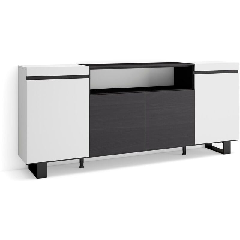 Buffet salon et cuisine, Meuble de Rangement, Commode, 200x87x35cm, 4 Portes, Design industriel, Style moderne, Blanc et noir - Skraut Home