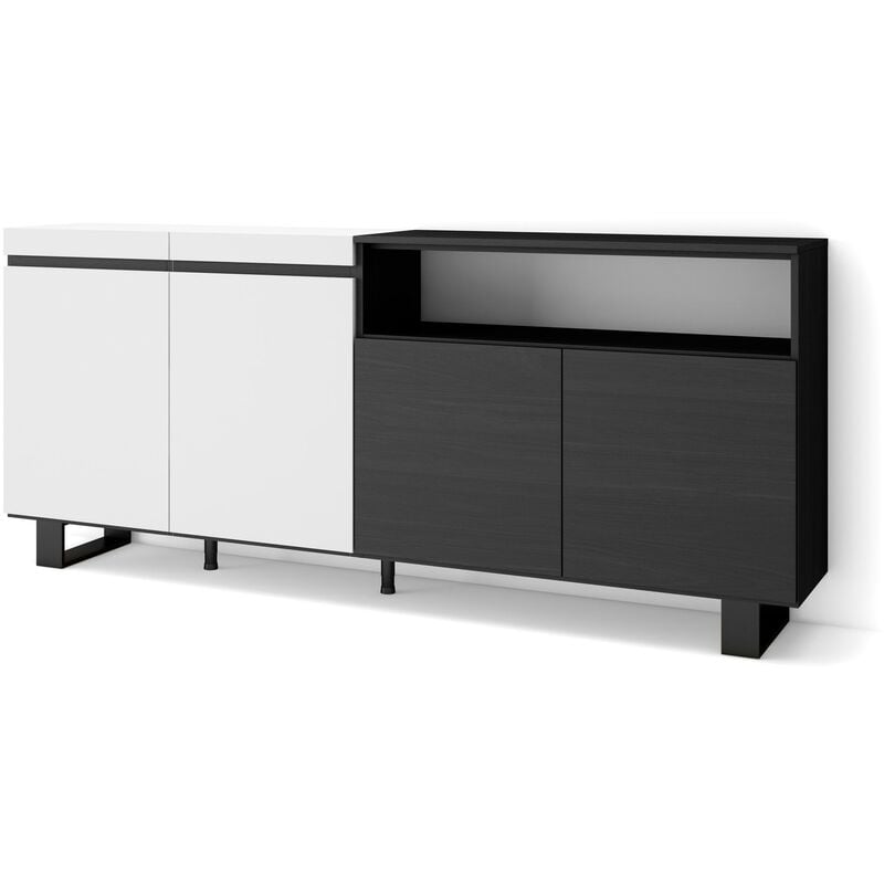 Buffet salon et cuisine, Meuble de Rangement, Commode, 200x87x35cm, 4 Portes, Design industriel, Style moderne, Blanc et noir - Skraut Home