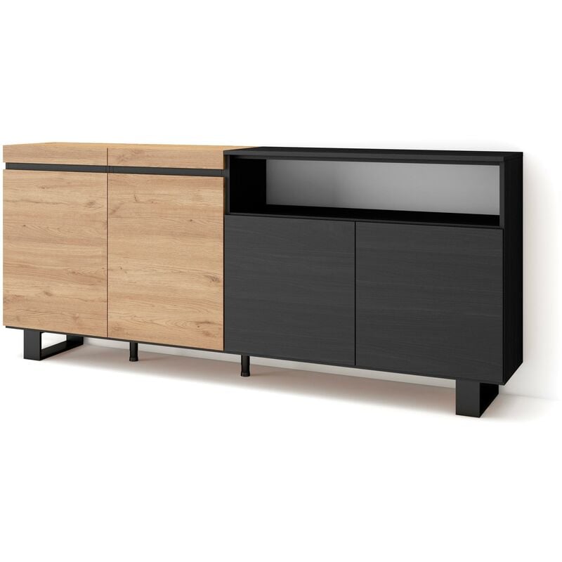 Buffet salon et cuisine, Meuble de Rangement, Commode, 200x87x35cm, 4 Portes, Design industriel, Style moderne, Chêne et noir - Skraut Home