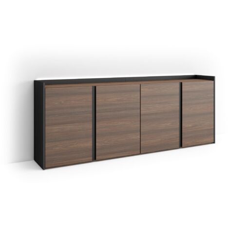 Skraut Home - Buffet salon et cuisine, Meuble de Rangement, Commode, 207x35x80cm, 4 Portes, LED, Style moderne, Chêne foncé et Noir