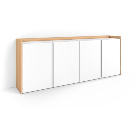 Skraut Home - Buffet salon et cuisine, Meuble de Rangement, Commode, 207x35x80cm, 4 Portes, Meuble chaussure, Style moderne, Blanc et Chêne Soft