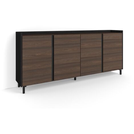 Skraut Home - Buffet salon et cuisine, Meuble de Rangement, Commode, 207x35x91cm, 4 Portes, Design industriel, Style moderne, Chêne foncé et Noir