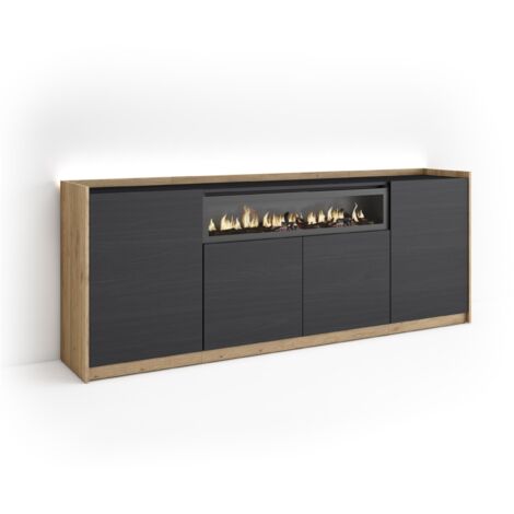 Skraut Home - Buffet salon et cuisine, Meuble de Rangement, Commode, 207x37x80cm, 4 Portes, Cheminée électrique, LED, Style moderne, Noir et chêne