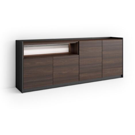 Skraut Home - Buffet salon et cuisine, Meuble de Rangement, Commode, 207x37x80cm, 4 Portes, LED, Style moderne, Chêne foncé et Noir
