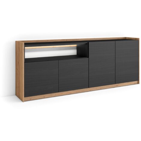 Skraut Home - Buffet salon et cuisine, Meuble de Rangement, Commode, 207x37x80cm, 4 Portes, LED, Style moderne, Noir et chêne