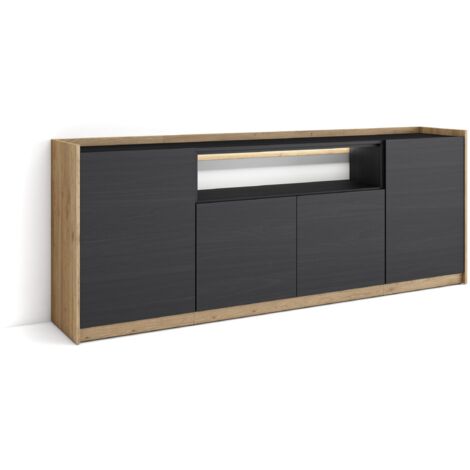 Skraut Home - Buffet salon et cuisine, Meuble de Rangement, Commode, 207x37x80cm, 4 Portes, LED, Style moderne, Noir et chêne