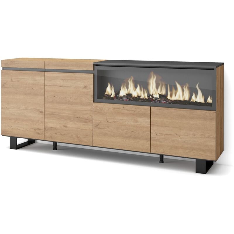 Buffet salon et cuisine, Meuble de Rangement, Commode, 210, 4 Portes, Cheminée électrique xxl, Design industriel, Style moderne, Chêne - Skraut Home