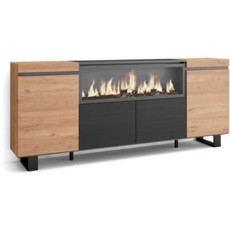 Skraut Home - Buffet salon et cuisine, Meuble de Rangement, Commode, 210, 4 Portes, Cheminée électrique XXL, Design industriel, Style moderne, Chêne et noir