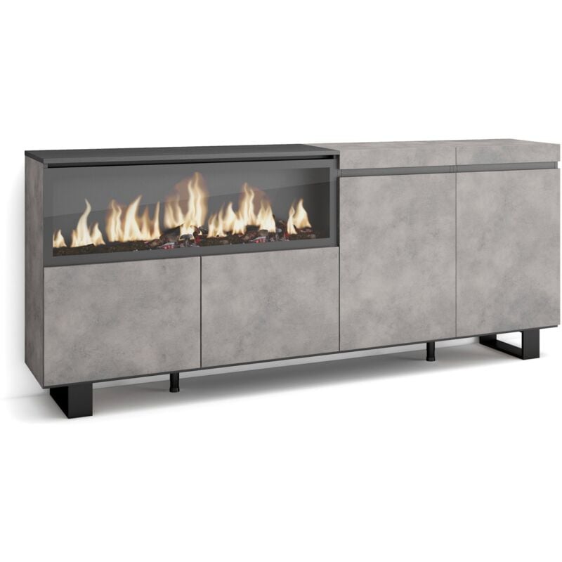Skraut Home - Buffet salon et cuisine, Meuble de Rangement, Commode, 210, 4 Portes, Cheminée électrique xxl, Design industriel, Style moderne, Gris