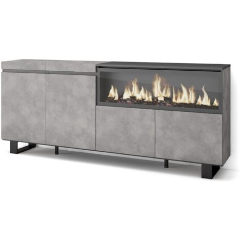 Skraut Home - Buffet salon et cuisine, Meuble de Rangement, Commode, 210, 4 Portes, Cheminée électrique XXL, Design industriel, Style moderne, Gris Ciment