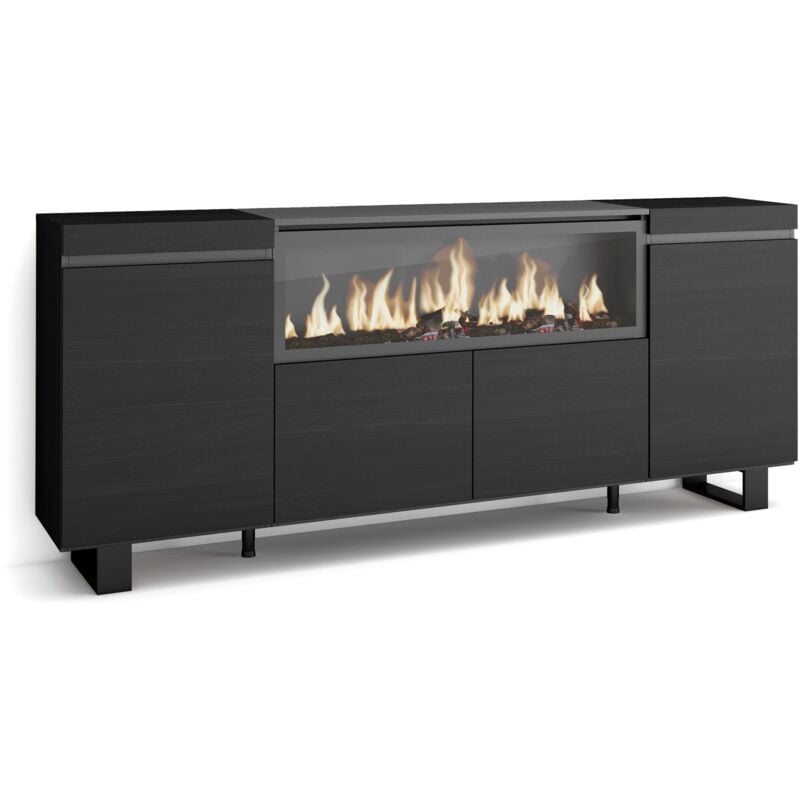 Skraut Home - Buffet salon et cuisine, Meuble de Rangement, Commode, 210, 4 Portes, Cheminée électrique XXL, Design industriel, Style moderne, Noir
