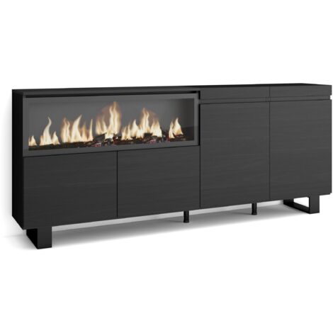 Skraut Home - Buffet salon et cuisine, Meuble de Rangement, Commode, 210, 4 Portes, Cheminée électrique XXL, Design industriel, Style moderne, Noir