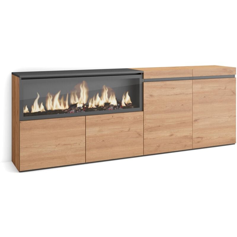 Buffet salon et cuisine, Meuble de Rangement, Commode, 210, 4 Portes, Cheminée électrique xxl, Style moderne, Chêne - Skraut Home