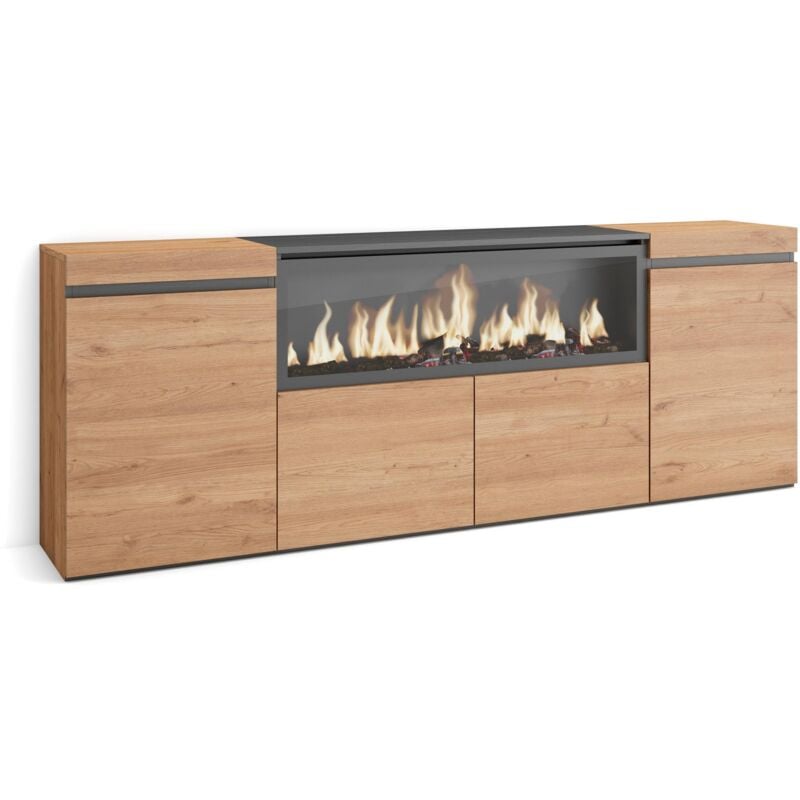 Buffet salon et cuisine, Meuble de Rangement, Commode, 210, 4 Portes, Cheminée électrique xxl, Style moderne, Chêne - Skraut Home