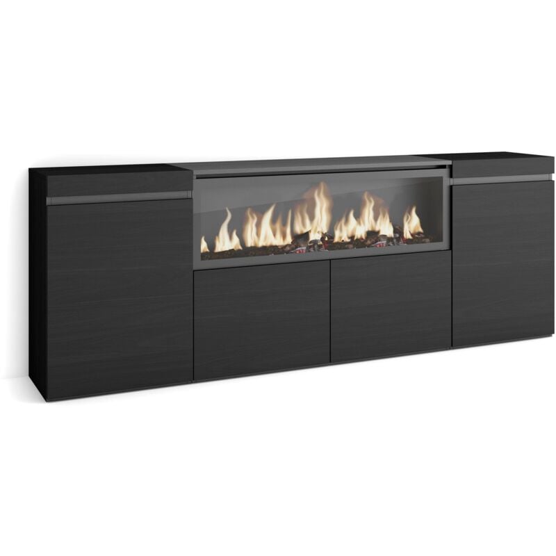 Skraut Home - Buffet salon et cuisine, Meuble de Rangement, Commode, 210, 4 Portes, Cheminée électrique xxl, Style moderne, Noir