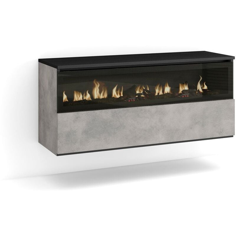Cheminée électrique led, Effet Flamme, 102x45x35cm, 1 ouverture, 1 porte, Cheminée électrique, Suspendu, Mural, Style moderne, Gris Ciment - Skraut