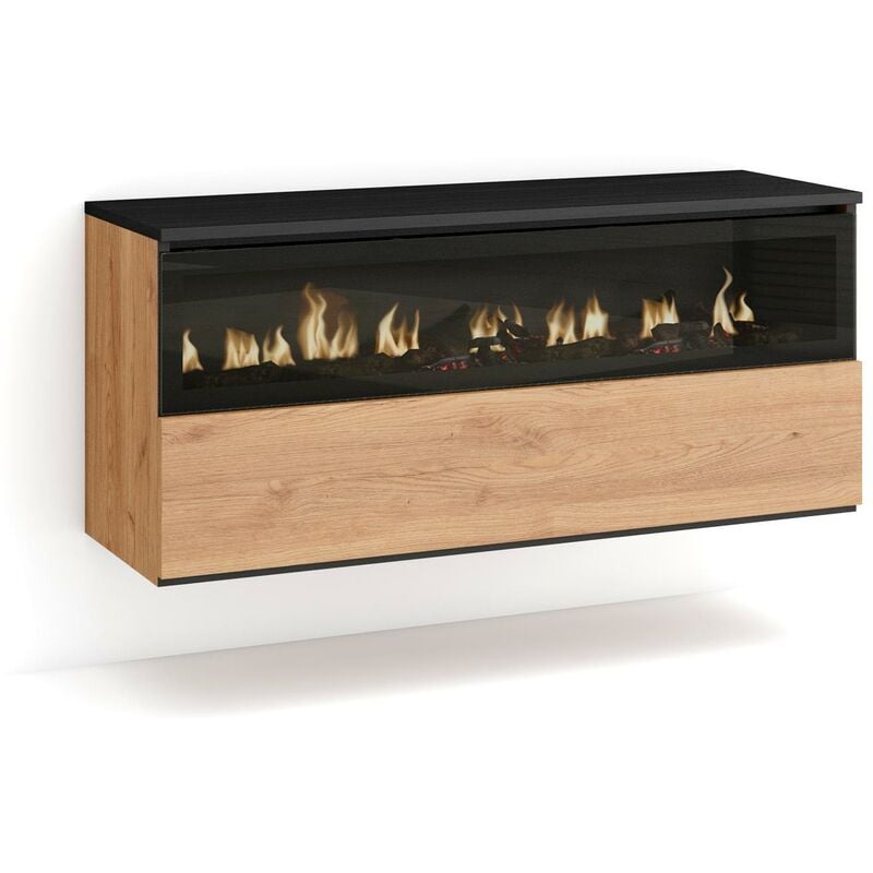 Cheminée électrique led, Effet Flamme, 102x45x35cm, 1 ouverture, 1 porte, Cheminée électrique, Suspendu, Mural, Style moderne, Chêne et noir - Skraut
