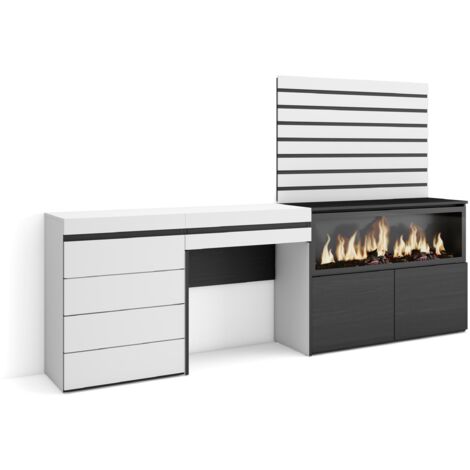 Skraut Home - Coiffeuse, Table maquillage, rangement, 234x145x35 cm, Avec tiroir, Cheminée électrique XXL, Commode, Buffet, Panneaux Muraux en Bois, Style moderne, Blanc