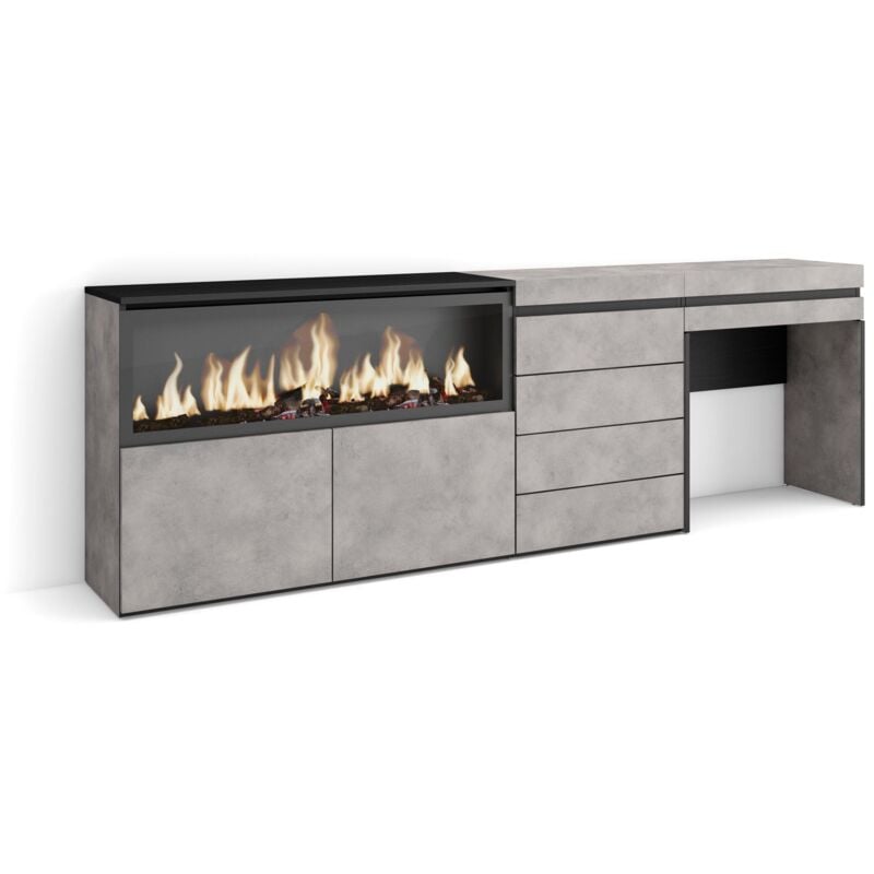 Coiffeuse, Table maquillage, rangement, 234x75x35 cm, Avec tiroir, Cheminée électrique xxl, Commode, Buffet, Style moderne, Gris Ciment - Skraut Home